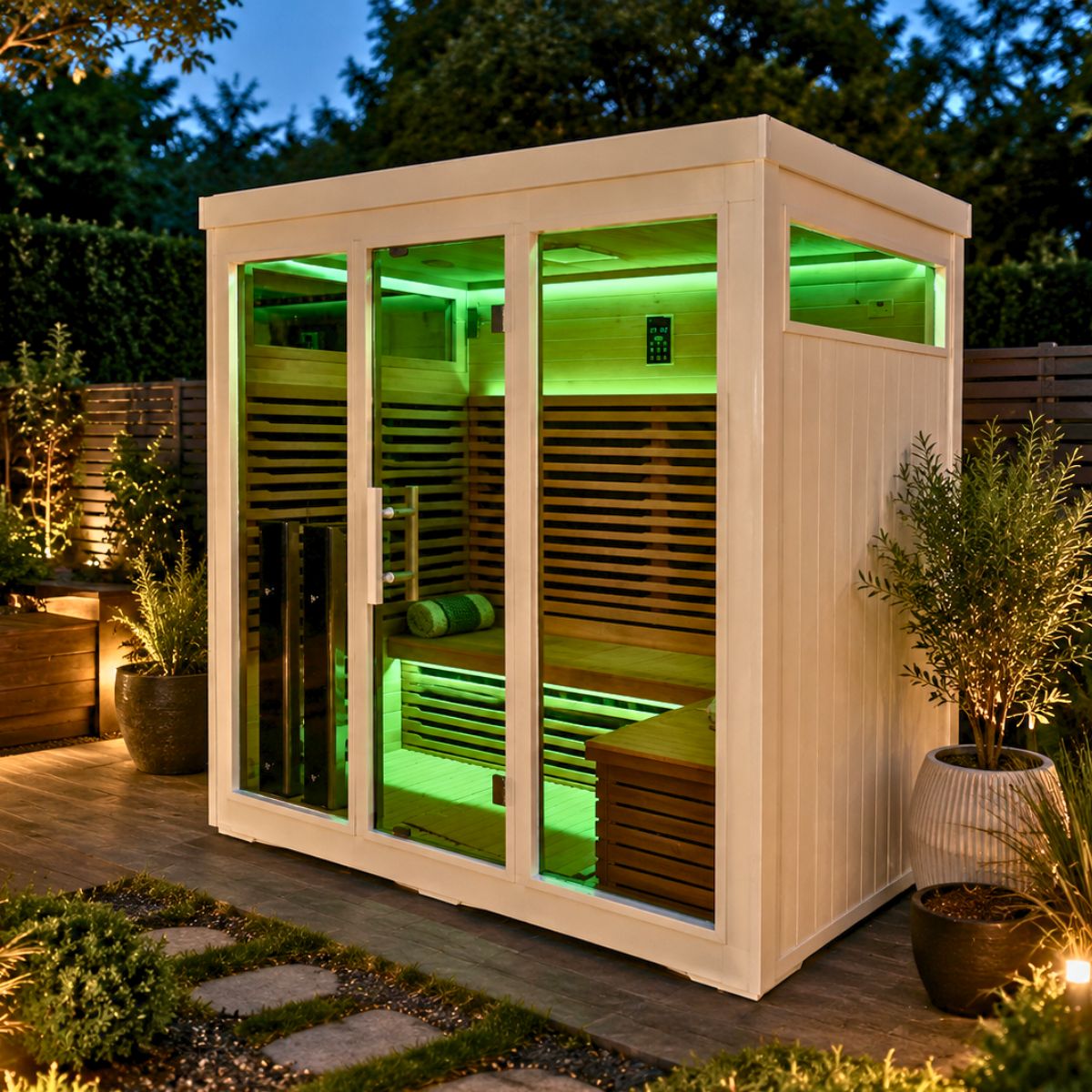 White aluminium outdoor sauna