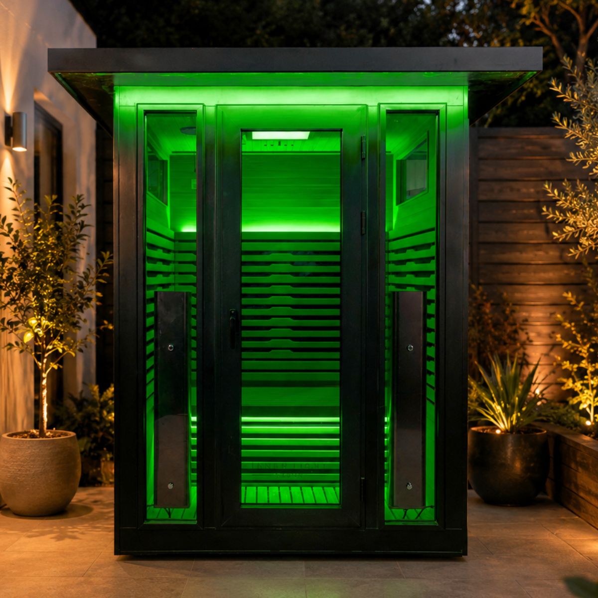 Two-person black outdoor infrared sauna. Green light. Front view. 