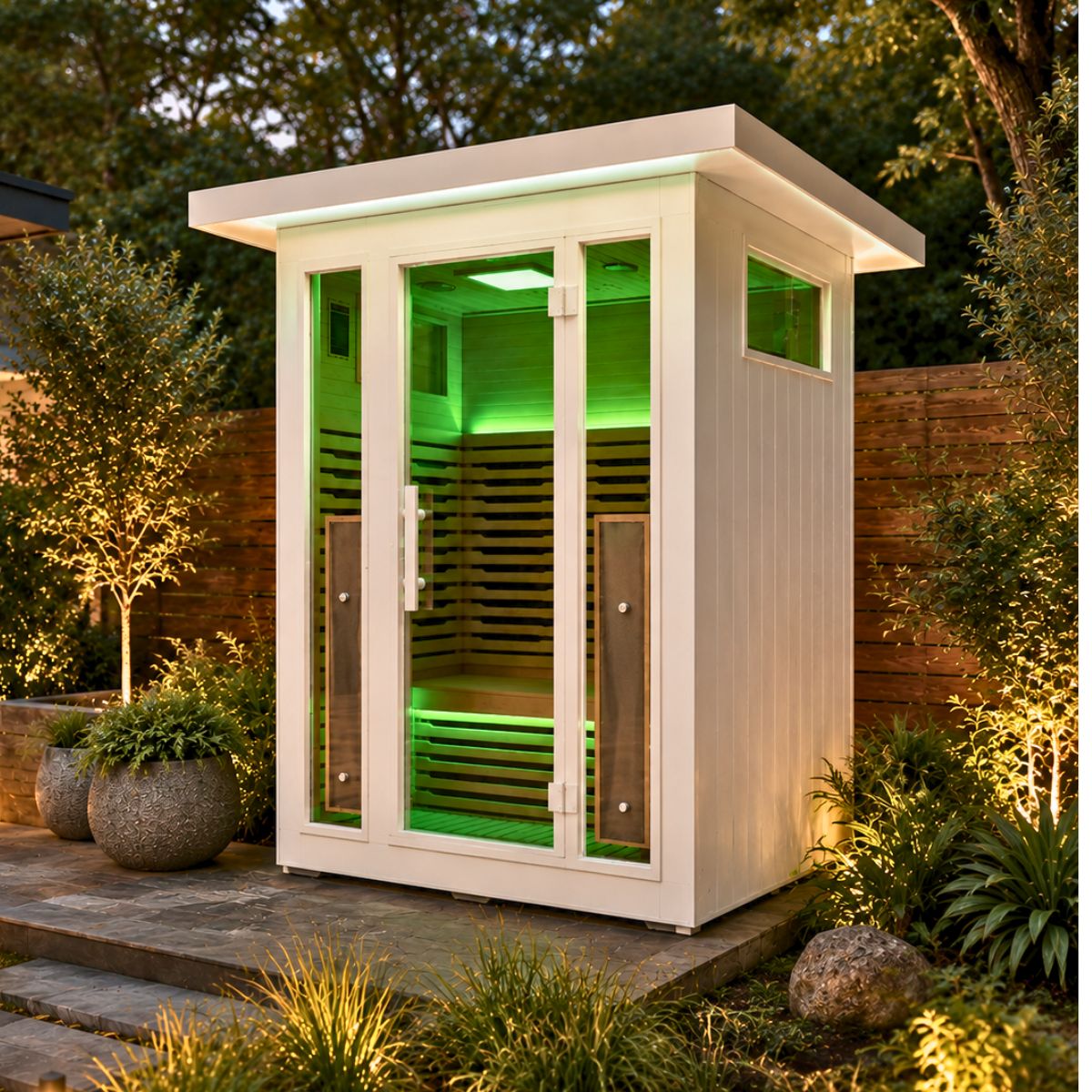 white outdoor sauna 