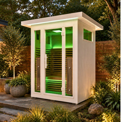 white outdoor sauna 