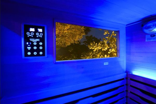 Infrared sauna with digital control panel and view of trees outside